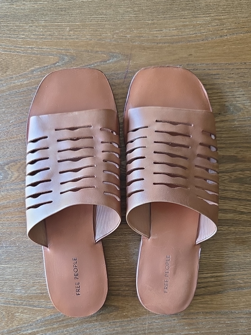 Free People Tan Leather Cutout Slide Mules